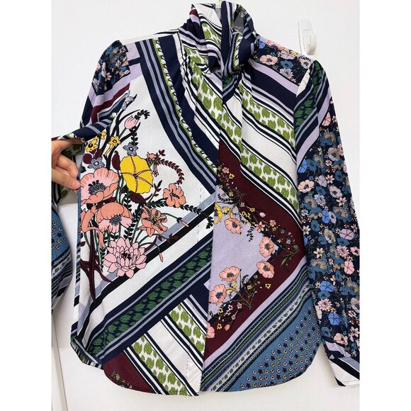 Tory Burch Homage to Flower Patchwork Silk Blouse Top Floral Stripe Bow Tie 4 - Picture 7 of 16